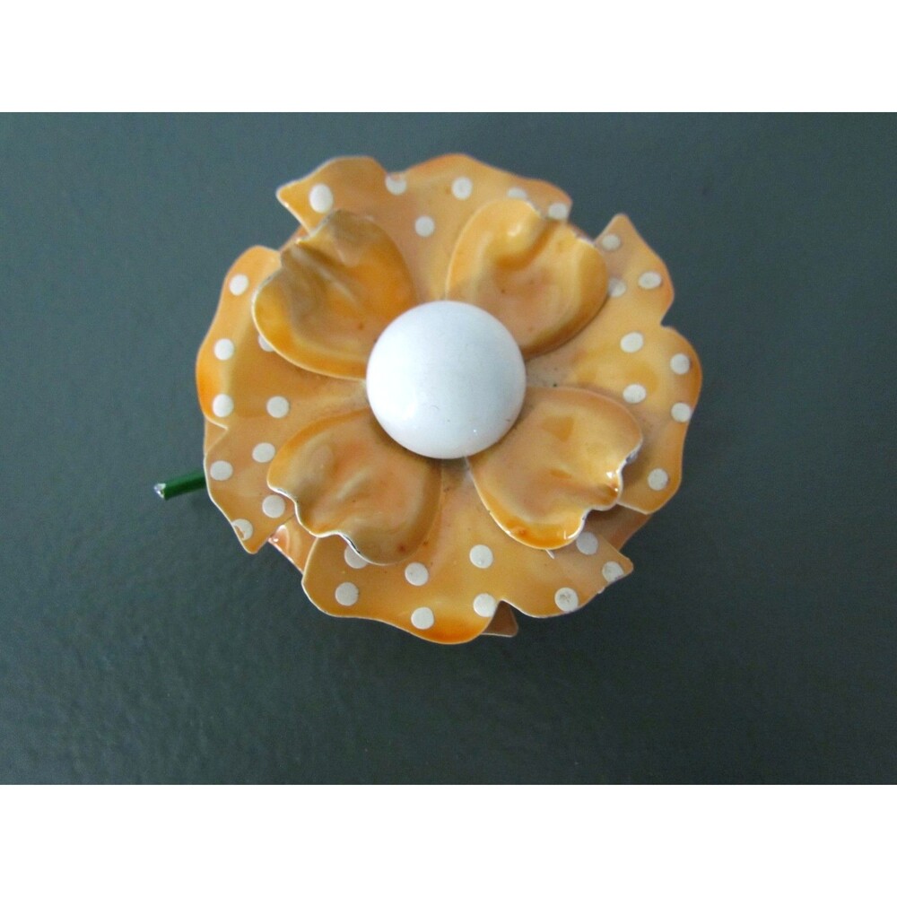 Vintage Layered Enamel Flower Brooch Mustard Butterscotch with White Polka Dots